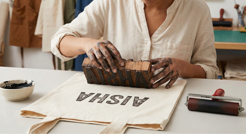 Custom Name Hand-block Tote Bag