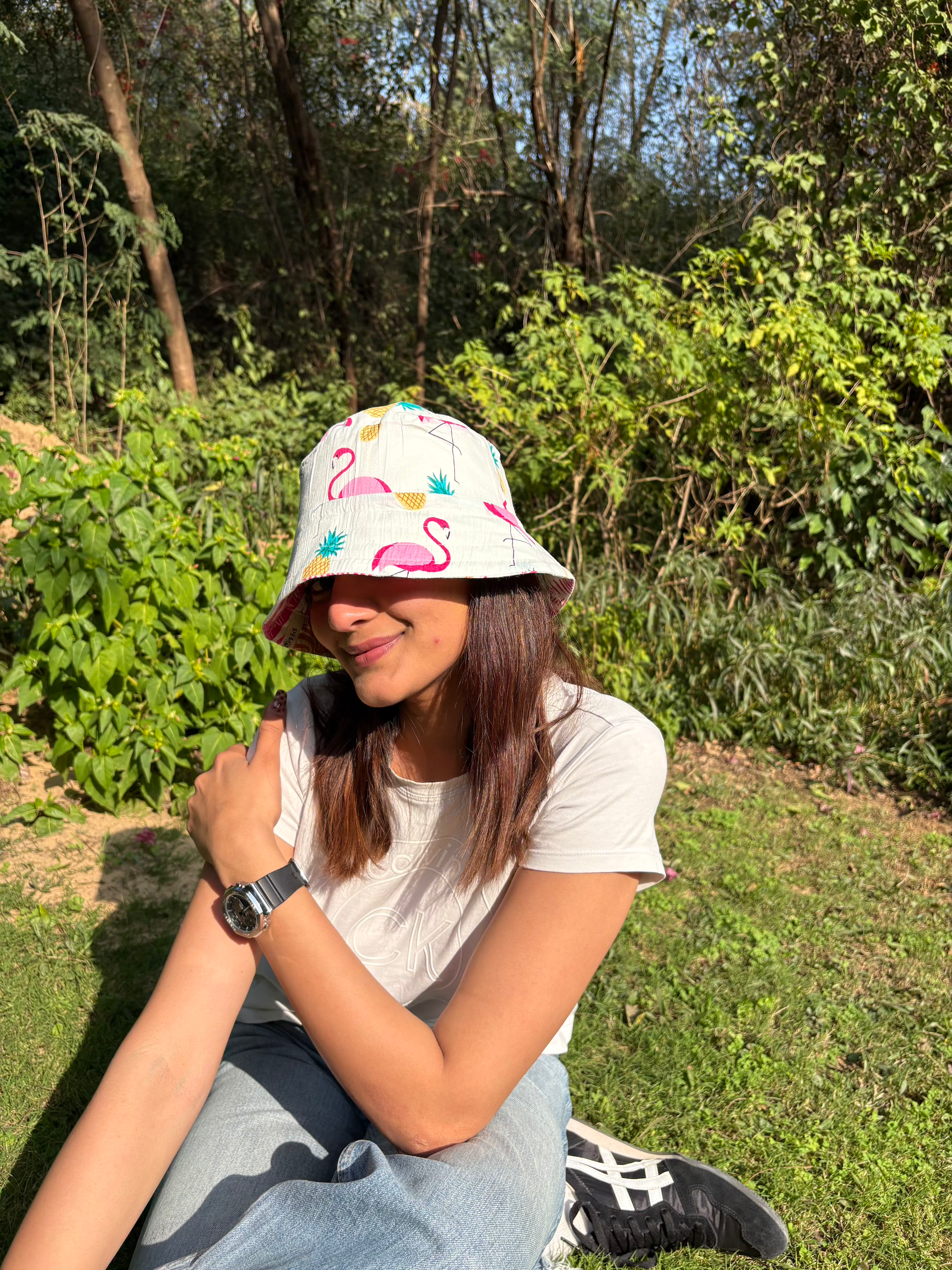 Flamingos and Pineapples - Cotton REVERSIBLE Bucket Hat